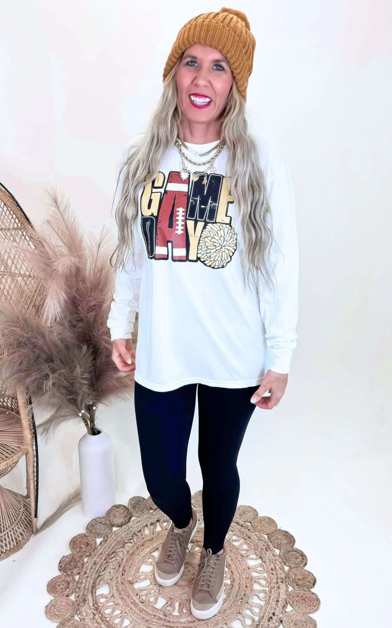 Black & Gold Game Day Garment Dyed Long Sleeve Graphic Top