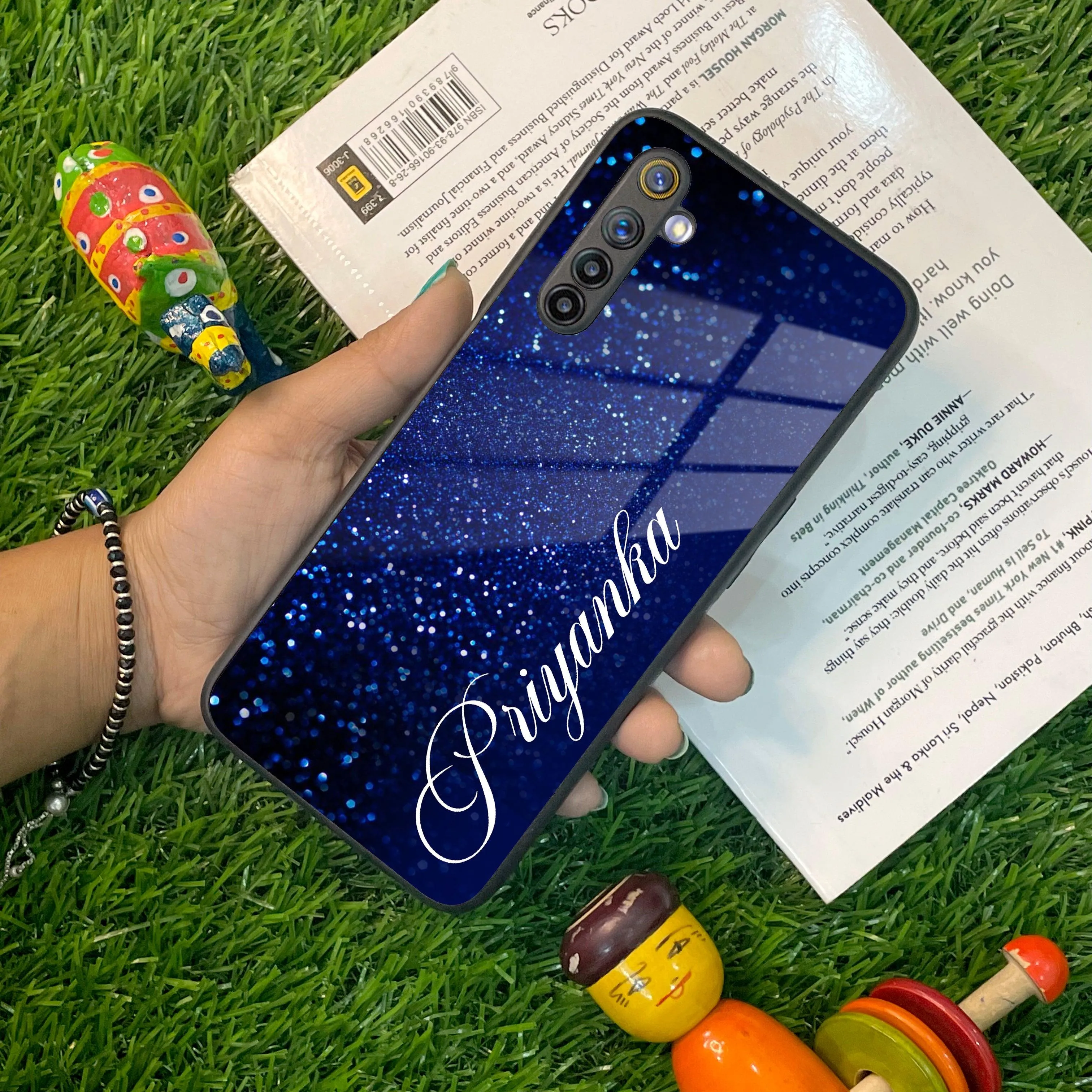 Blue Glitter Customize Glass Case Cover For Realme/Narzo