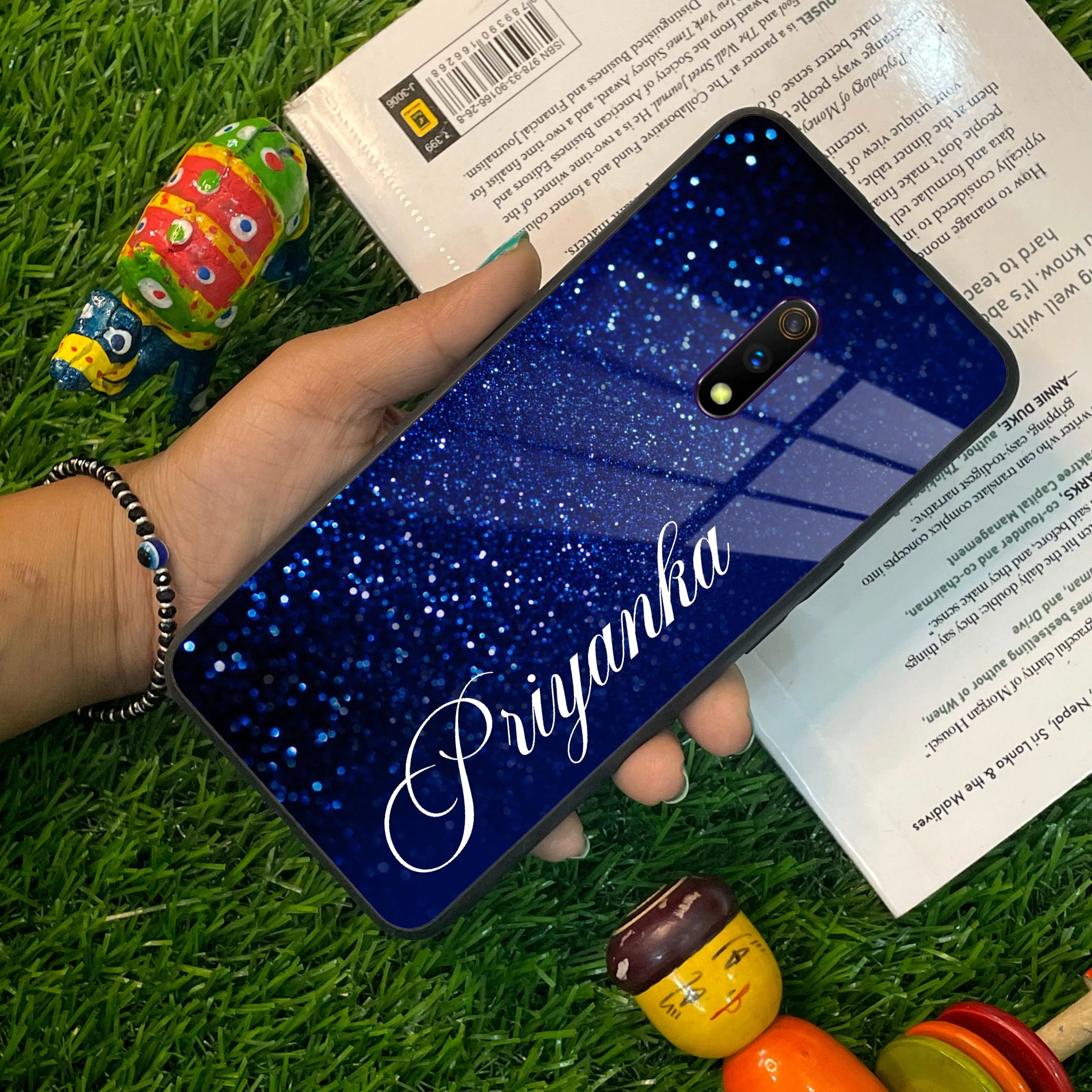 Blue Glitter Customize Glass Case Cover For Realme/Narzo