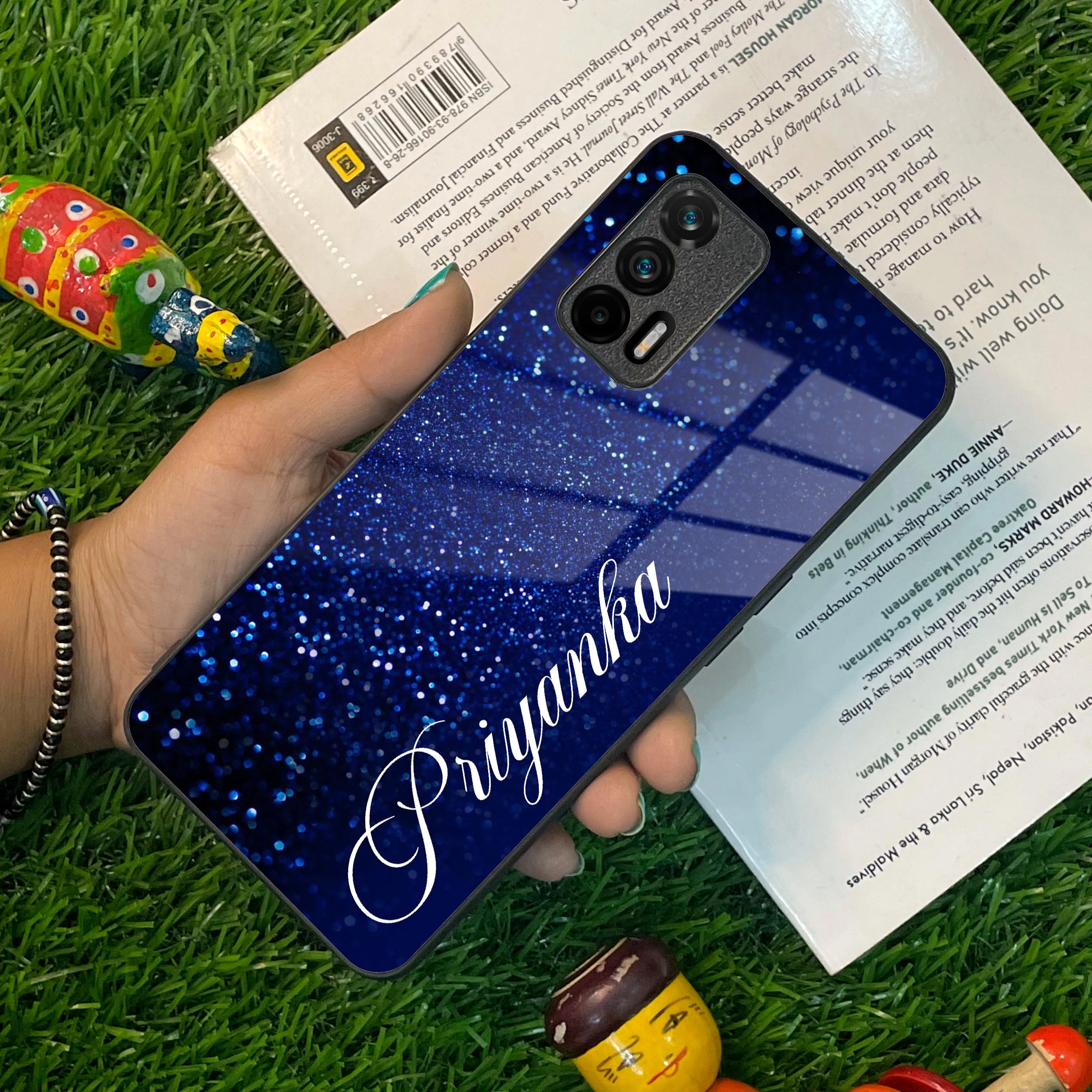 Blue Glitter Customize Glass Case Cover For Realme/Narzo
