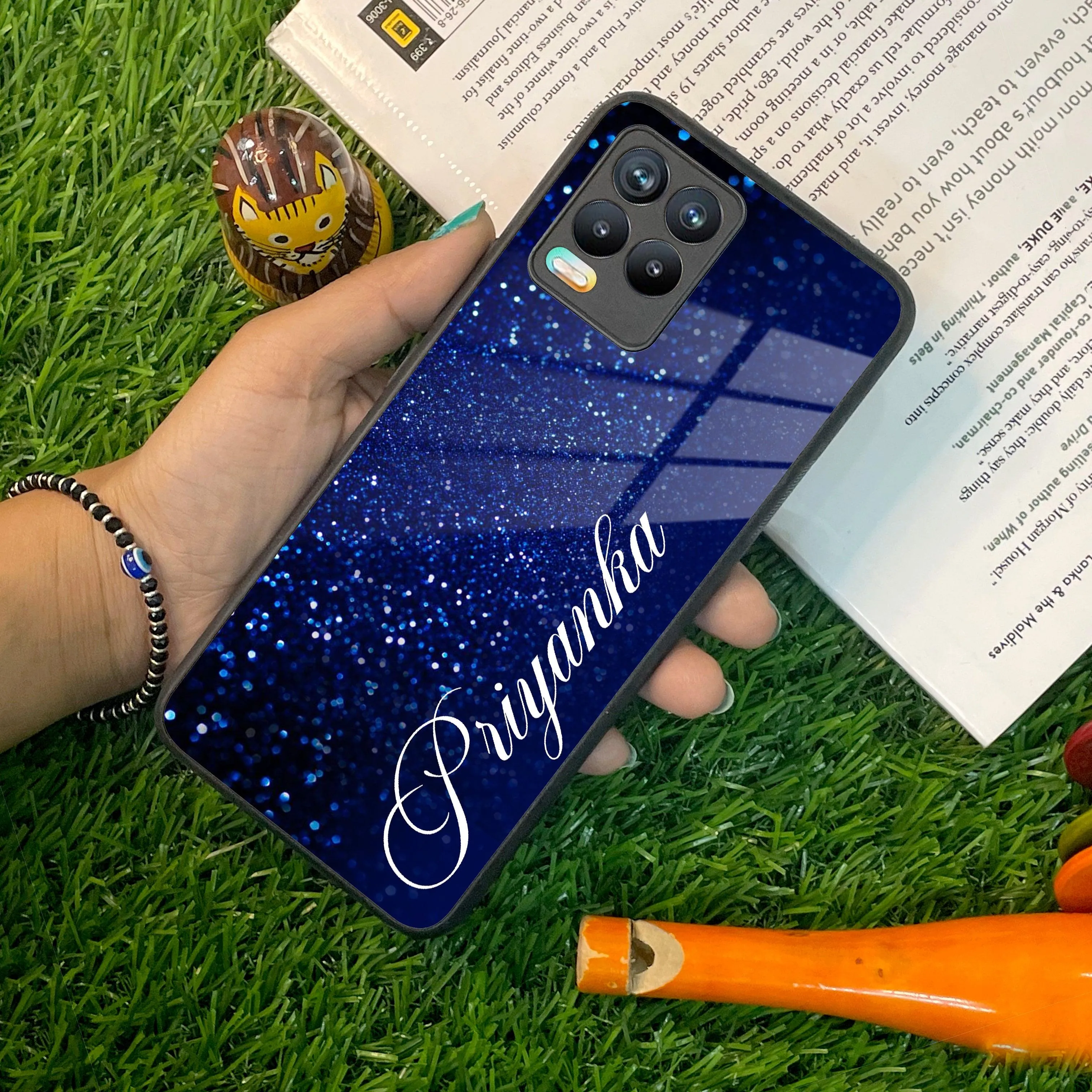 Blue Glitter Customize Glass Case Cover For Realme/Narzo