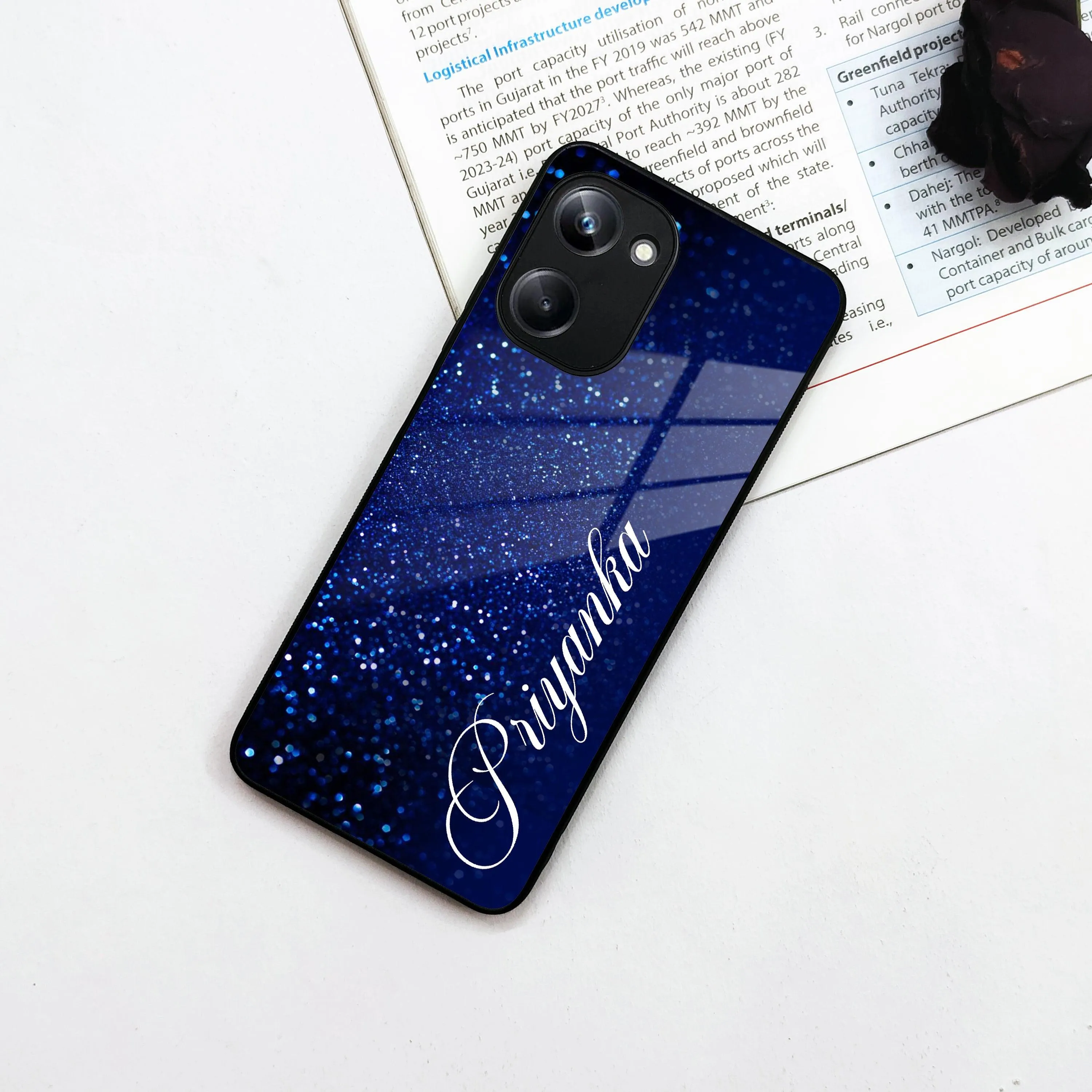Blue Glitter Customize Glass Case Cover For Realme/Narzo