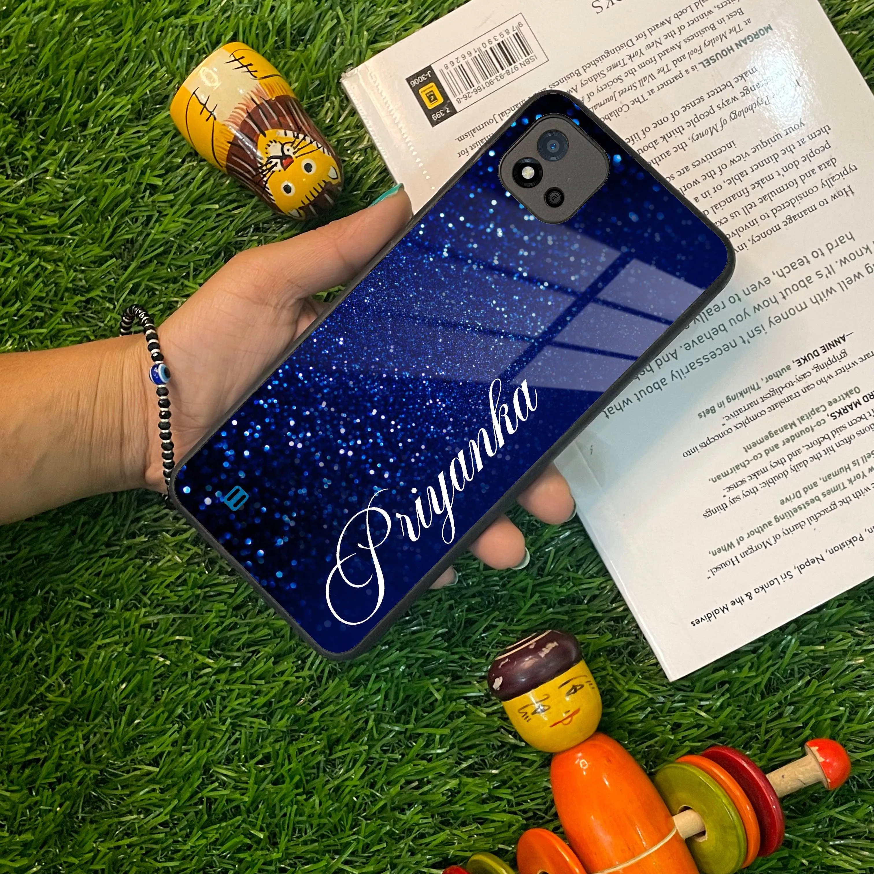 Blue Glitter Customize Glass Case Cover For Realme/Narzo
