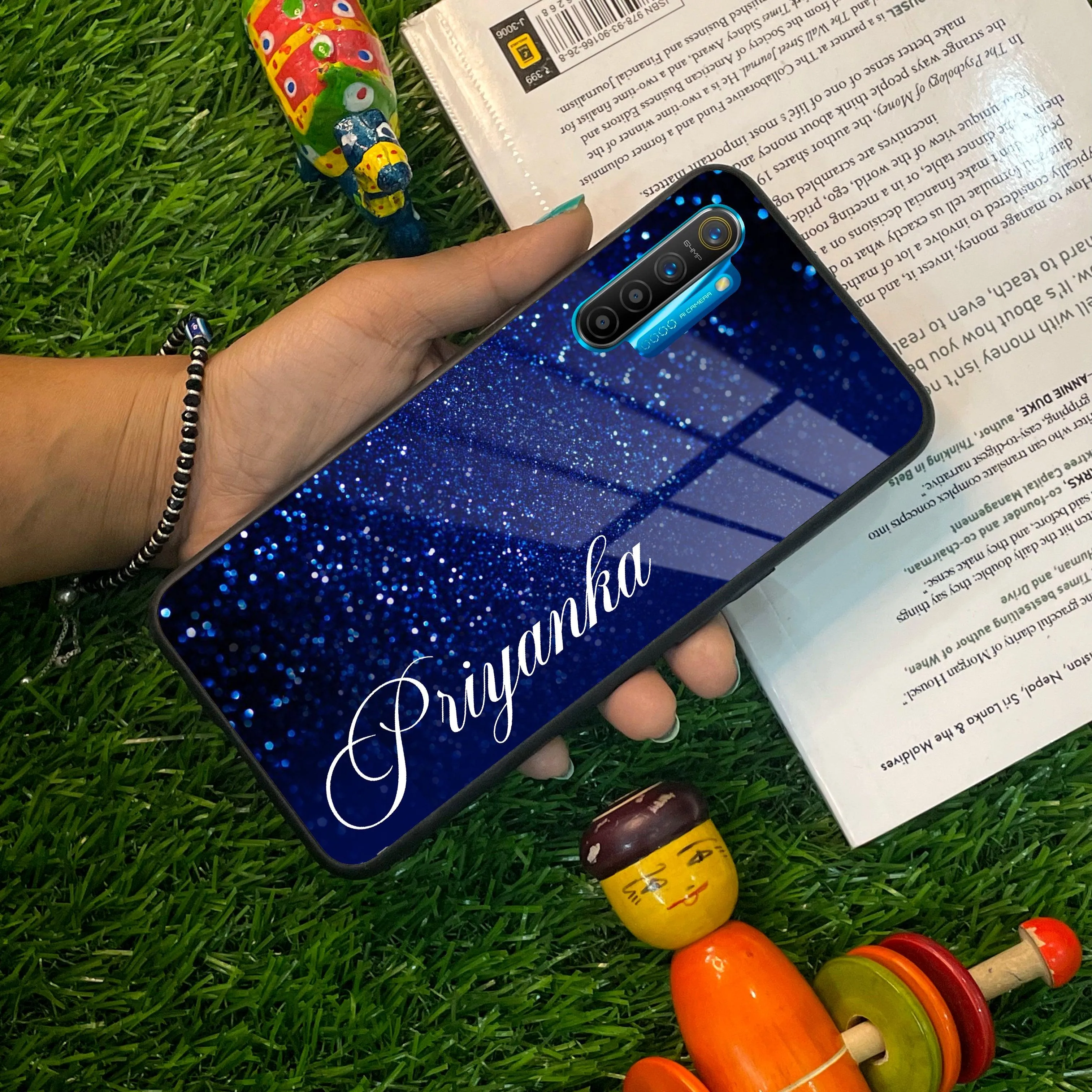 Blue Glitter Customize Glass Case Cover For Realme/Narzo