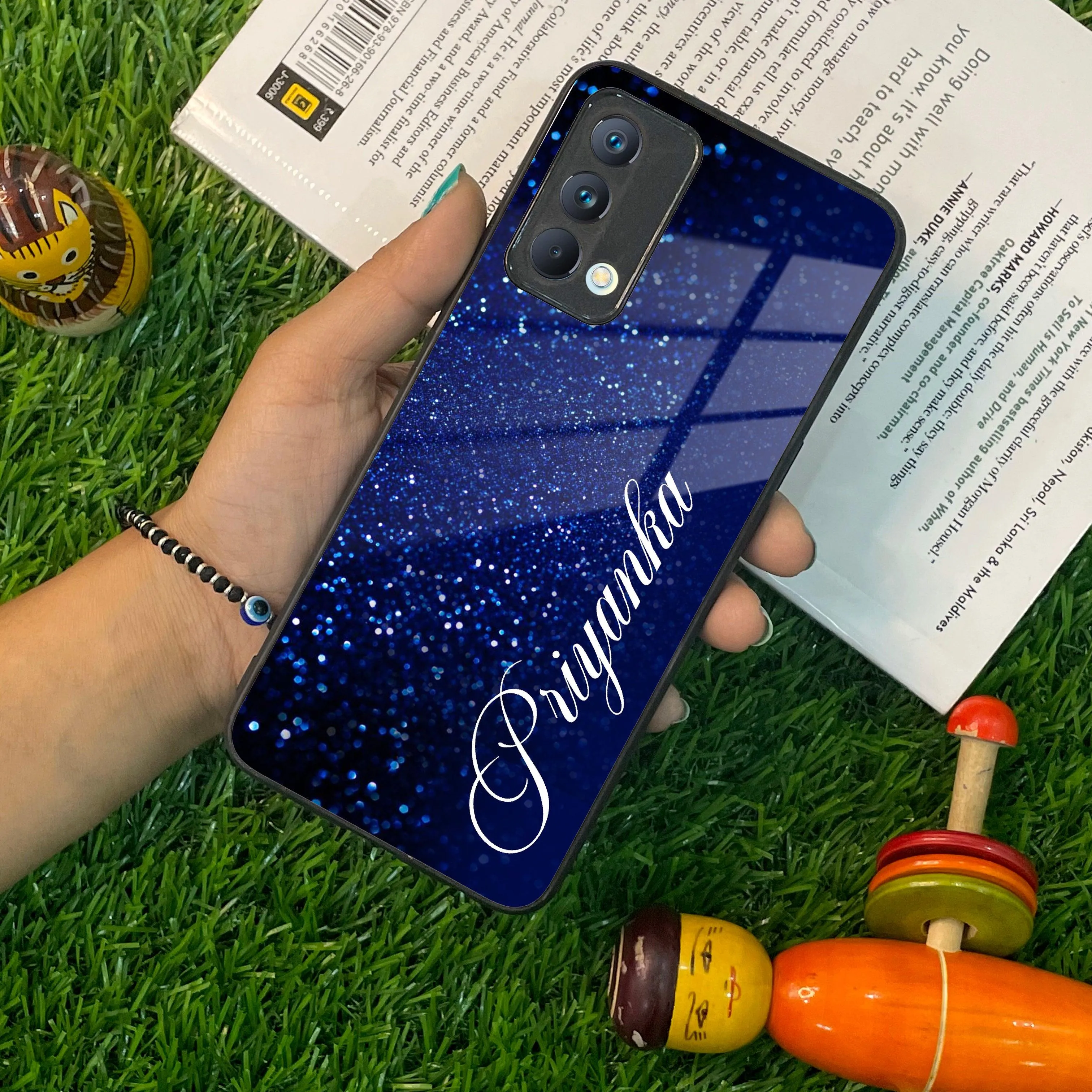 Blue Glitter Customize Glass Case Cover For Realme/Narzo