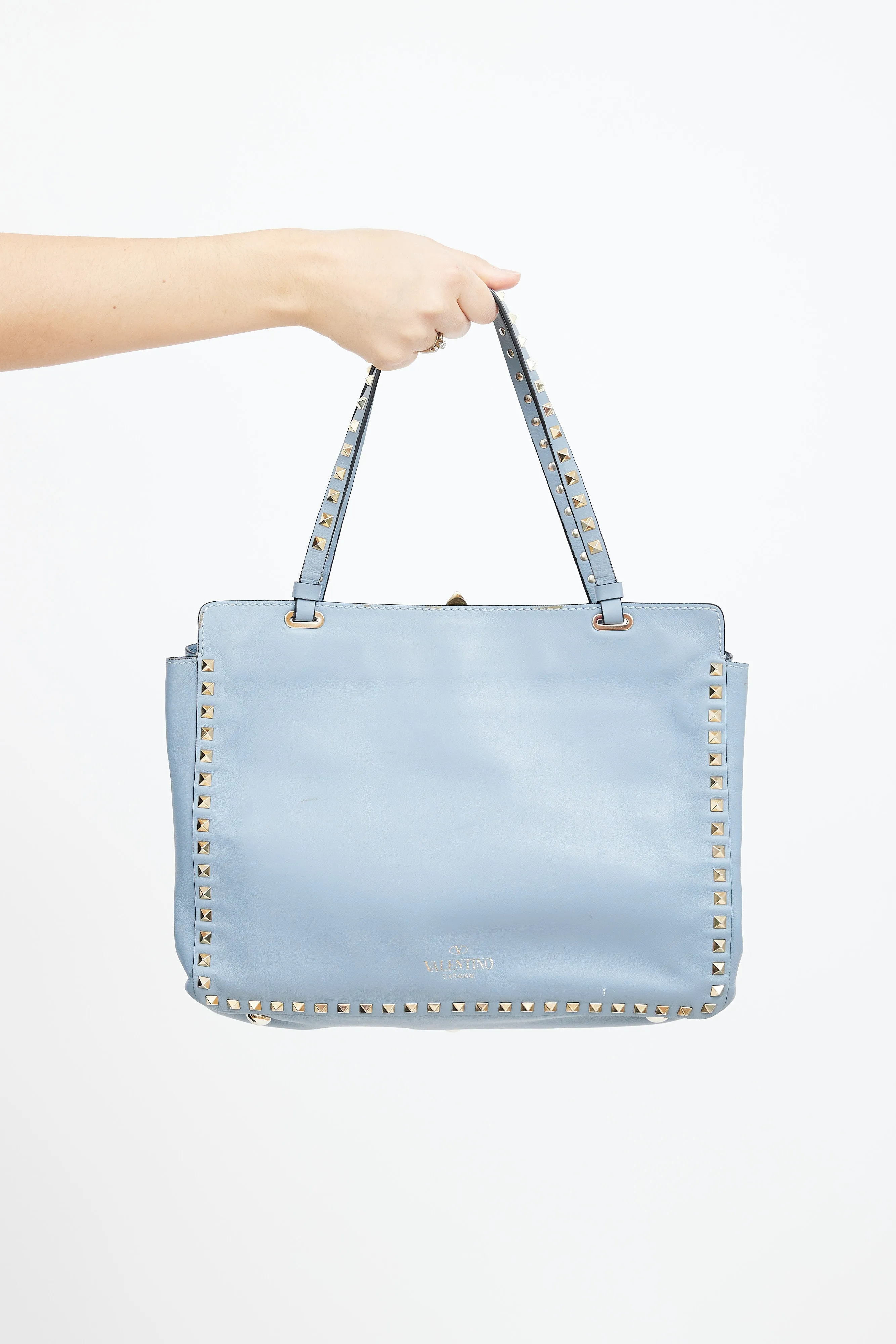 Blue Leather Rockstud Trapeze Tote Bag