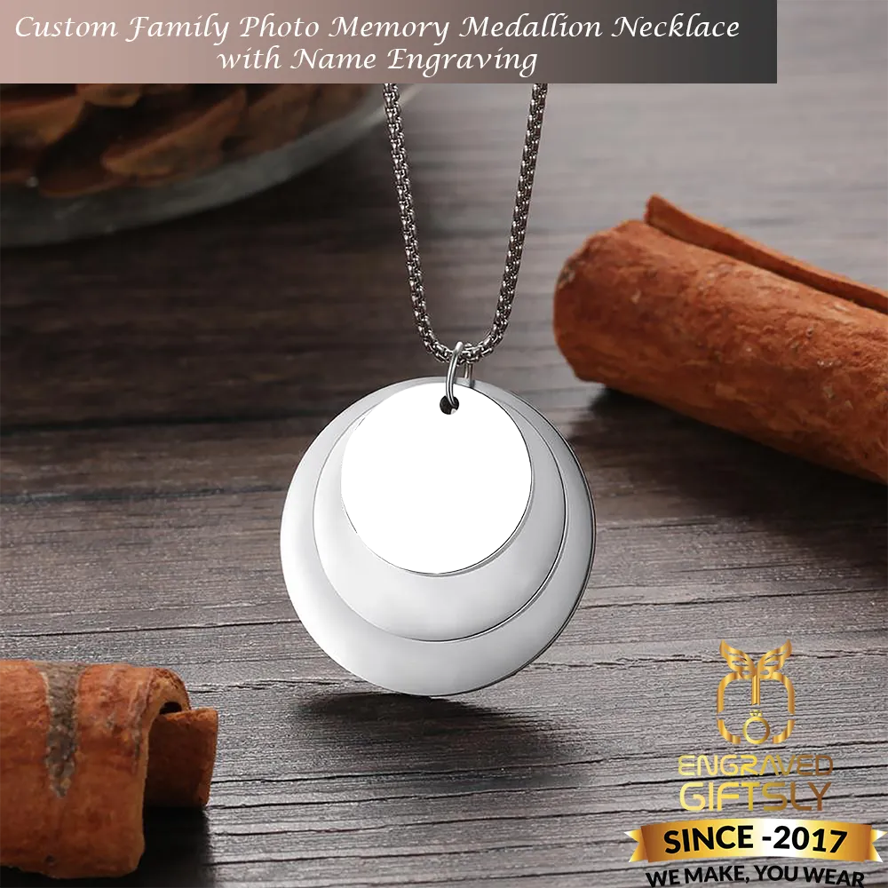 Custom Family Photo Memory Medallion Necklace with Name Engraving - Special custom Gift for Christmas