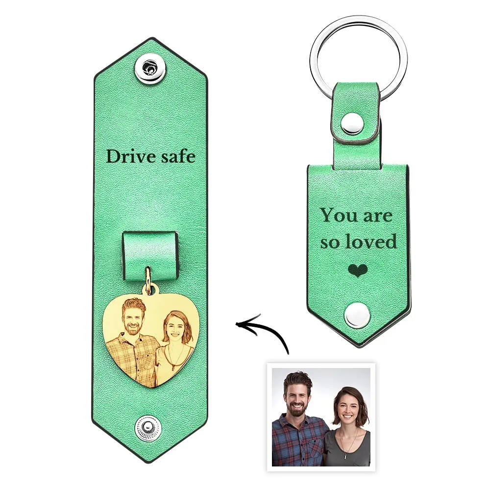 Custom Heart Shaped Photo Leather Keychain With Text Annivesary Gifts For Men