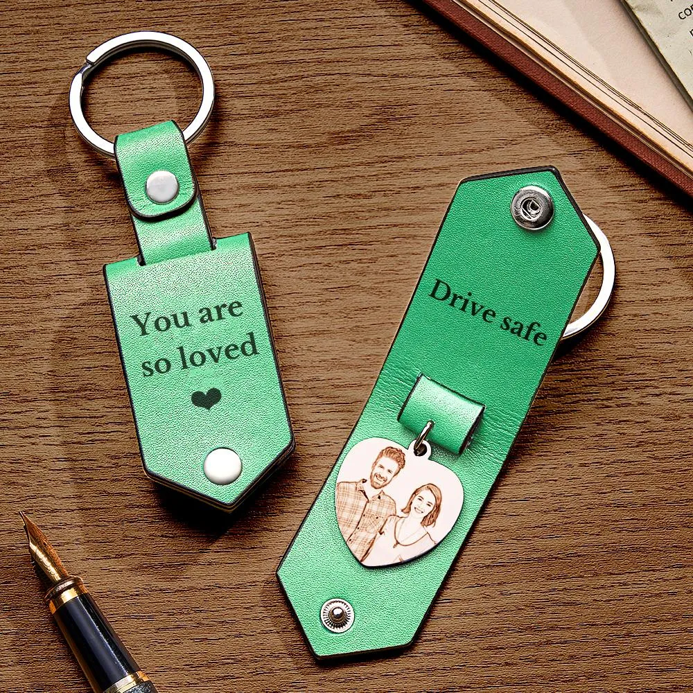 Custom Heart Shaped Photo Leather Keychain With Text Annivesary Gifts For Men