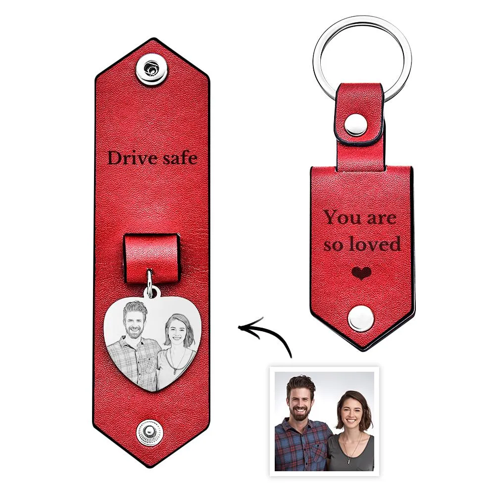 Custom Heart Shaped Photo Leather Keychain With Text Annivesary Gifts For Men