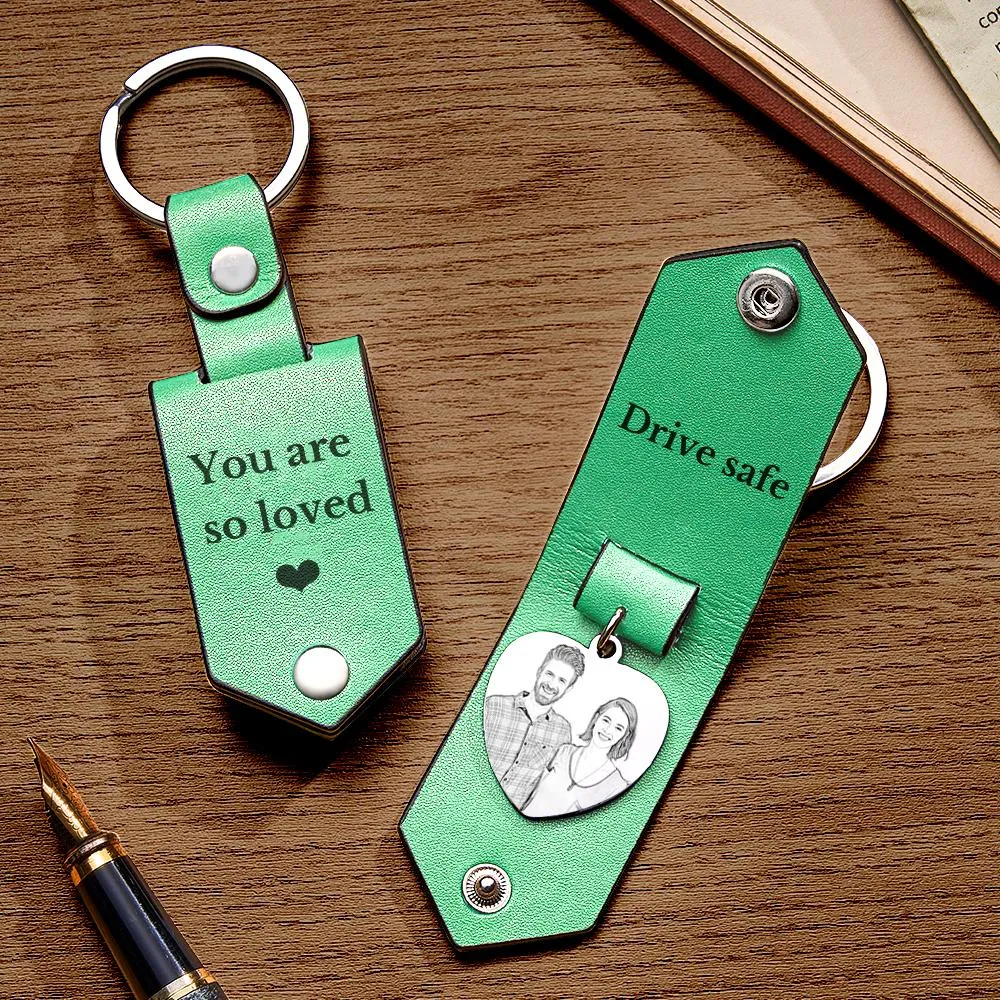 Custom Heart Shaped Photo Leather Keychain With Text Annivesary Gifts For Men
