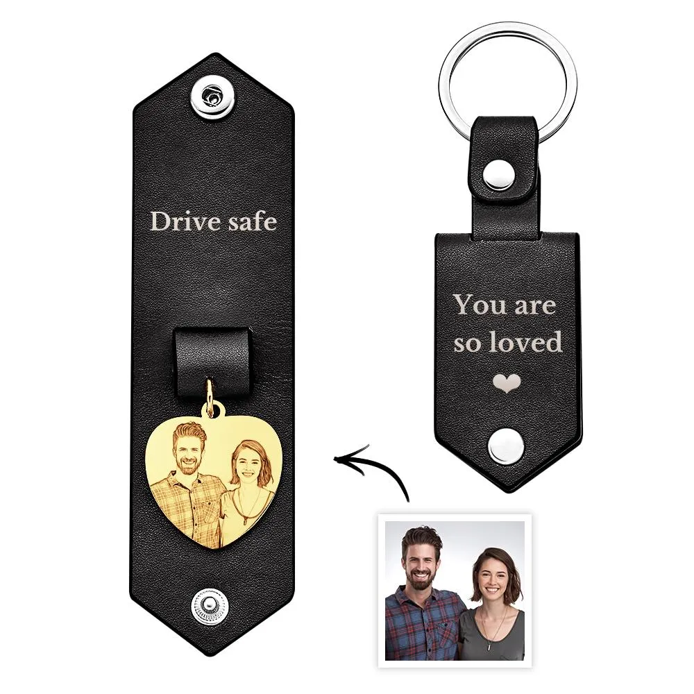 Custom Heart Shaped Photo Leather Keychain With Text Annivesary Gifts For Men