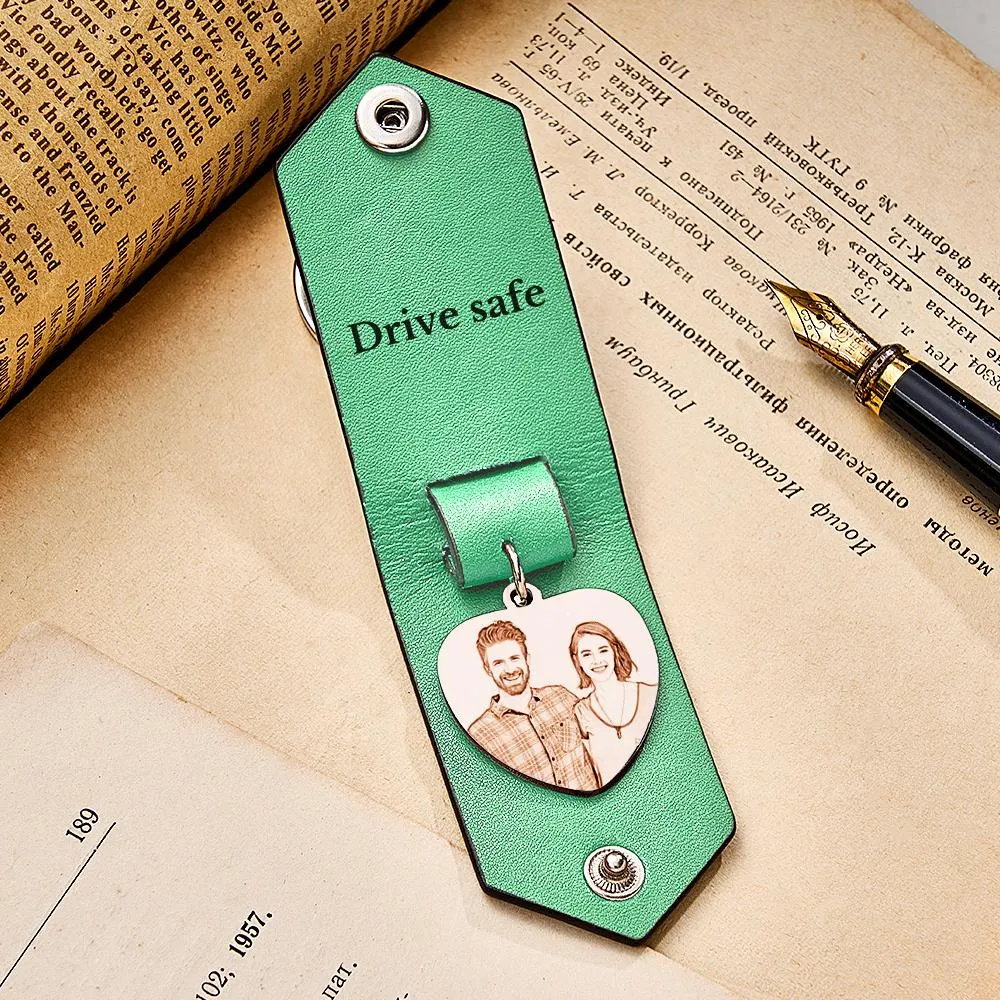 Custom Heart Shaped Photo Leather Keychain With Text Annivesary Gifts For Men