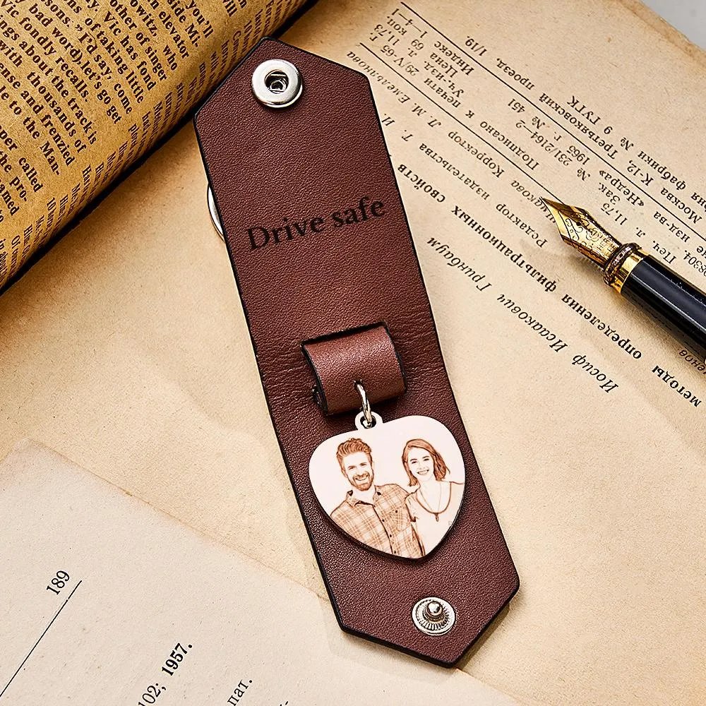 Custom Heart Shaped Photo Leather Keychain With Text Annivesary Gifts For Men