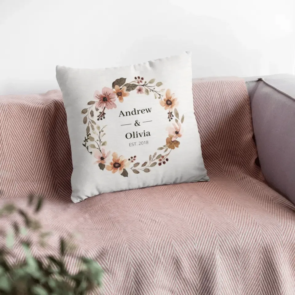 Custom Names And Date Pillow With Flowers
