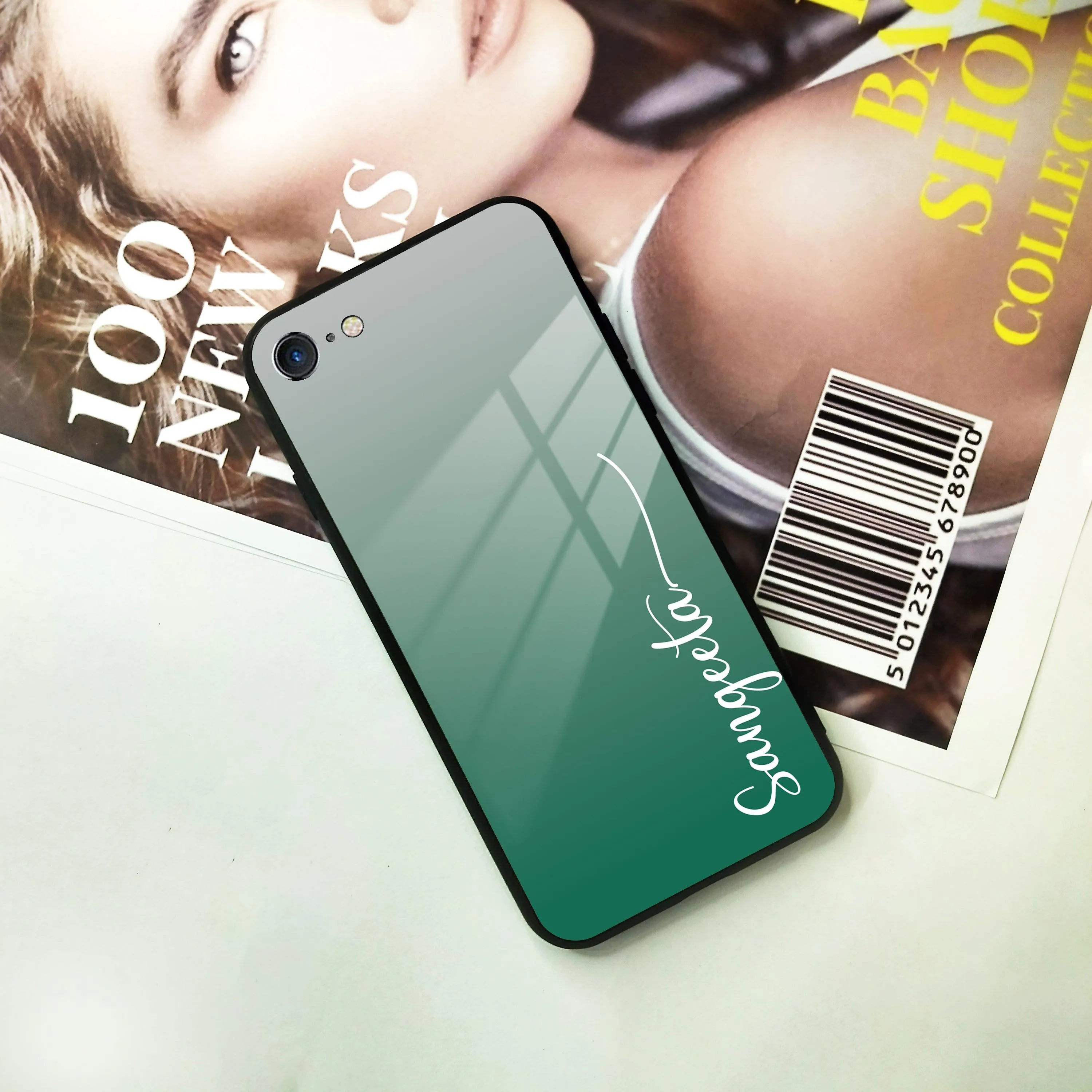 Customize Name Gradient Glass Case Cover Green For iPhone