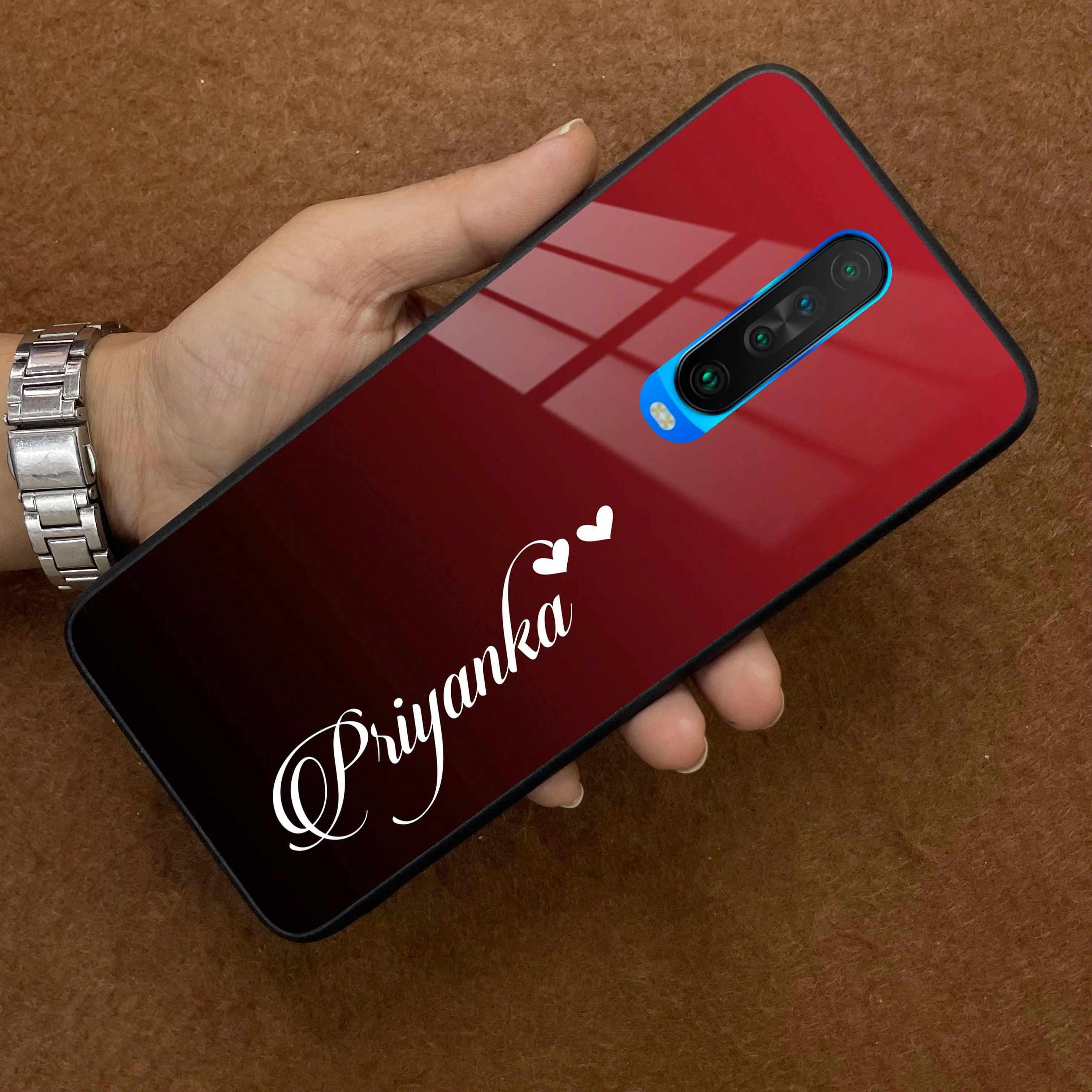 Customize Name Gradient Glass Case Cover Red Wine For Poco