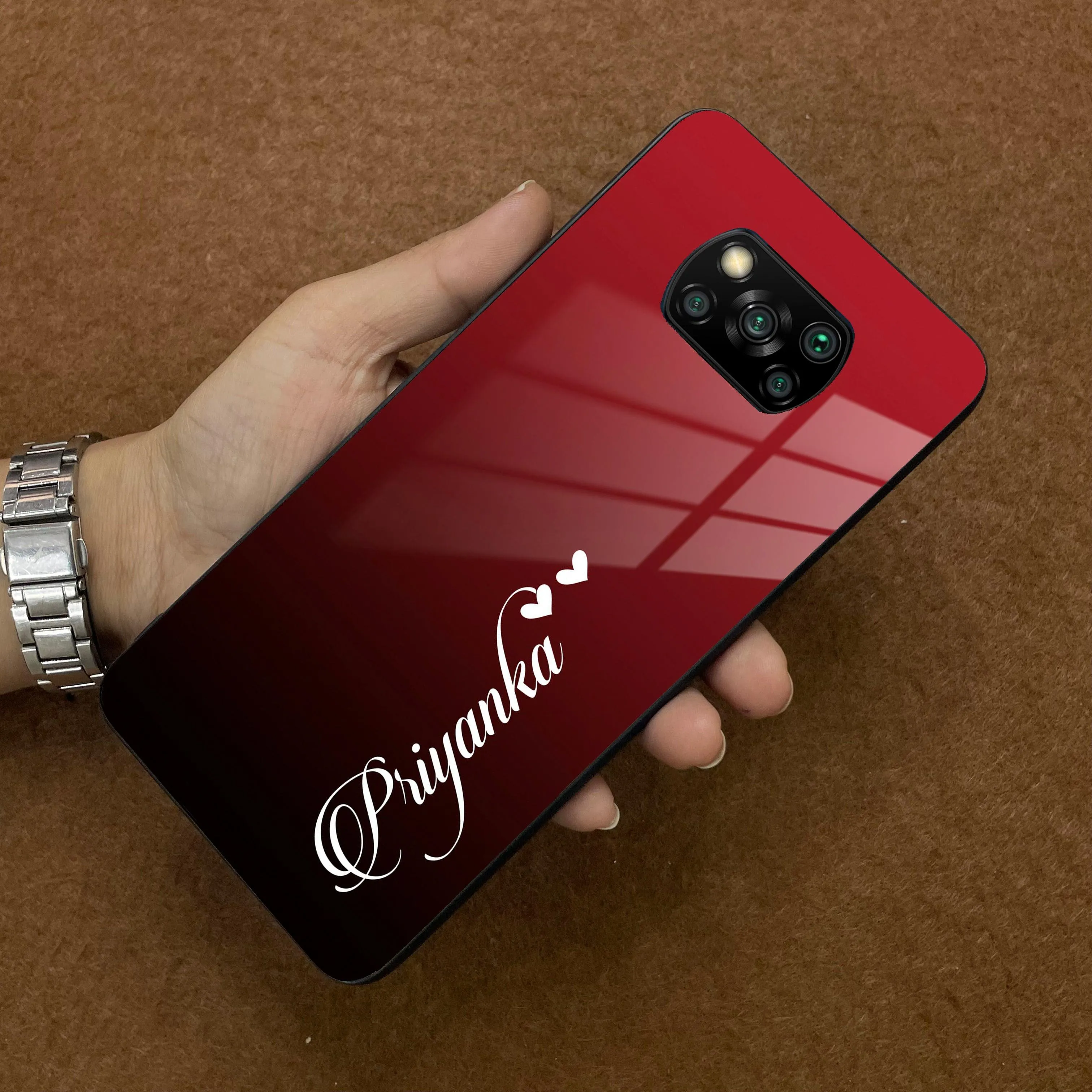 Customize Name Gradient Glass Case Cover Red Wine For Poco