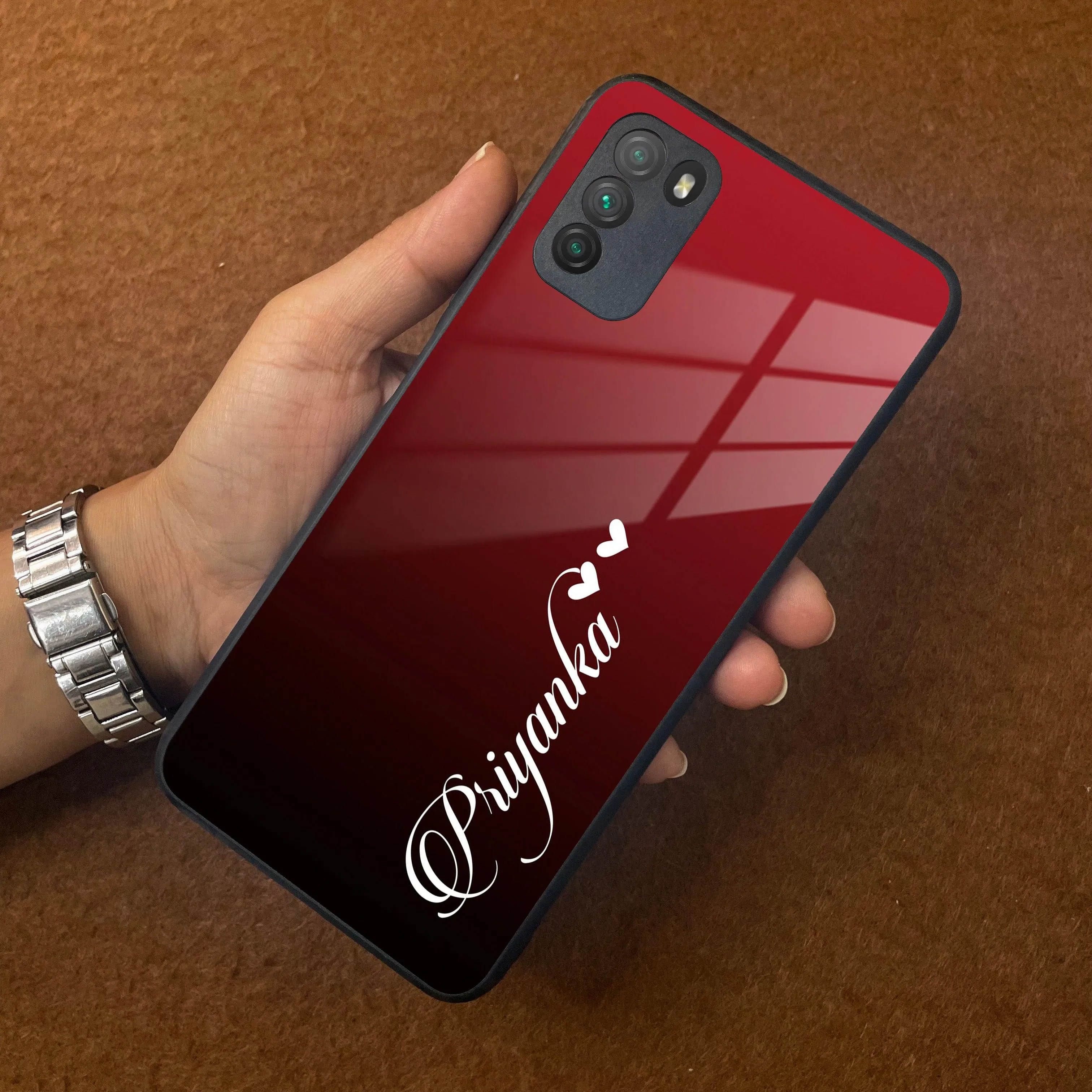 Customize Name Gradient Glass Case Cover Red Wine For Poco
