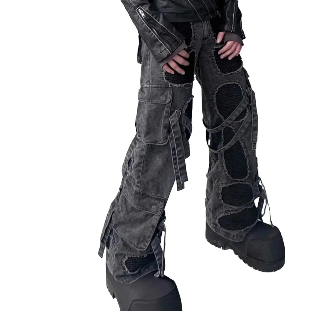 Distressed Hollow Out Bandage Denim Jeans