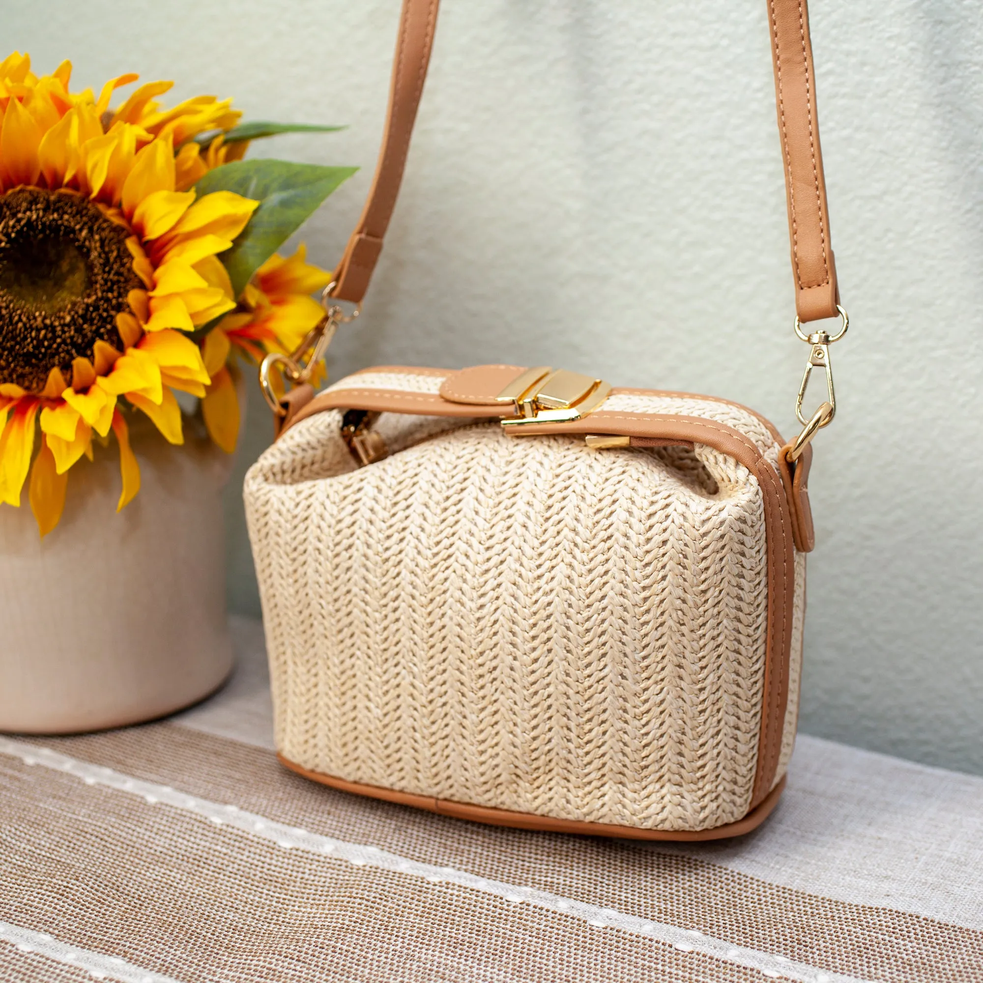 Elena Handbags Straw Woven Purse with Leather Accent
