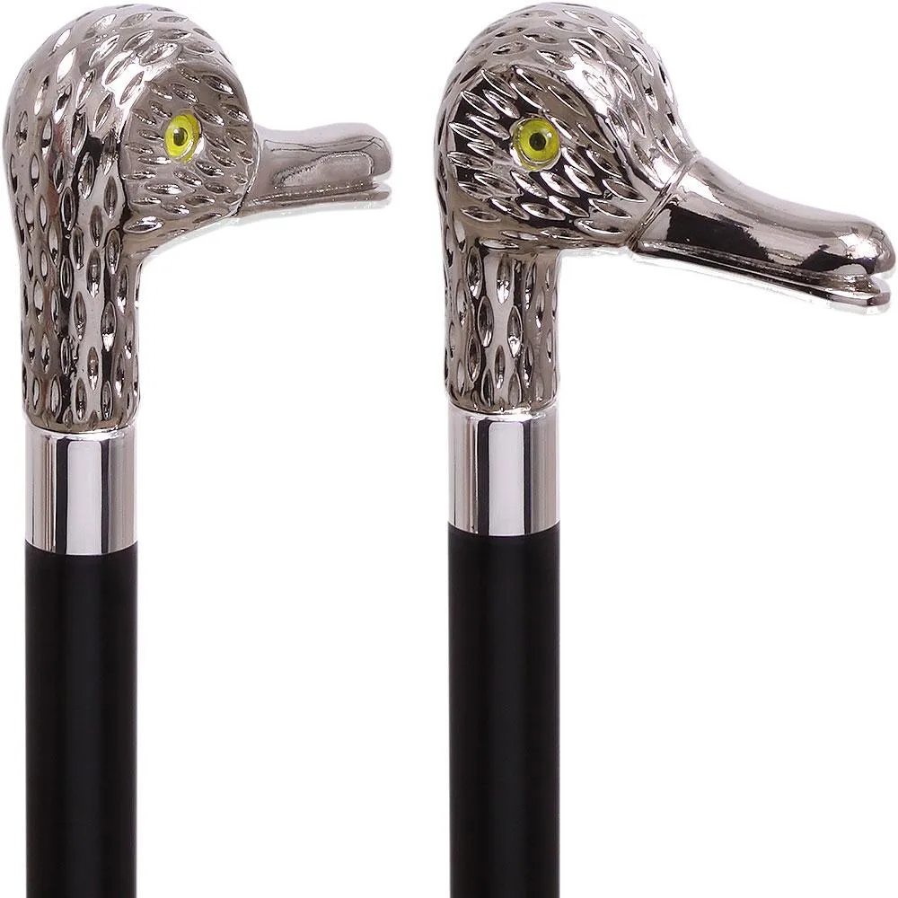 Feathered Duck Nickel Plated Handle Cane Italian Handle w/ Custom Shaft & Collar