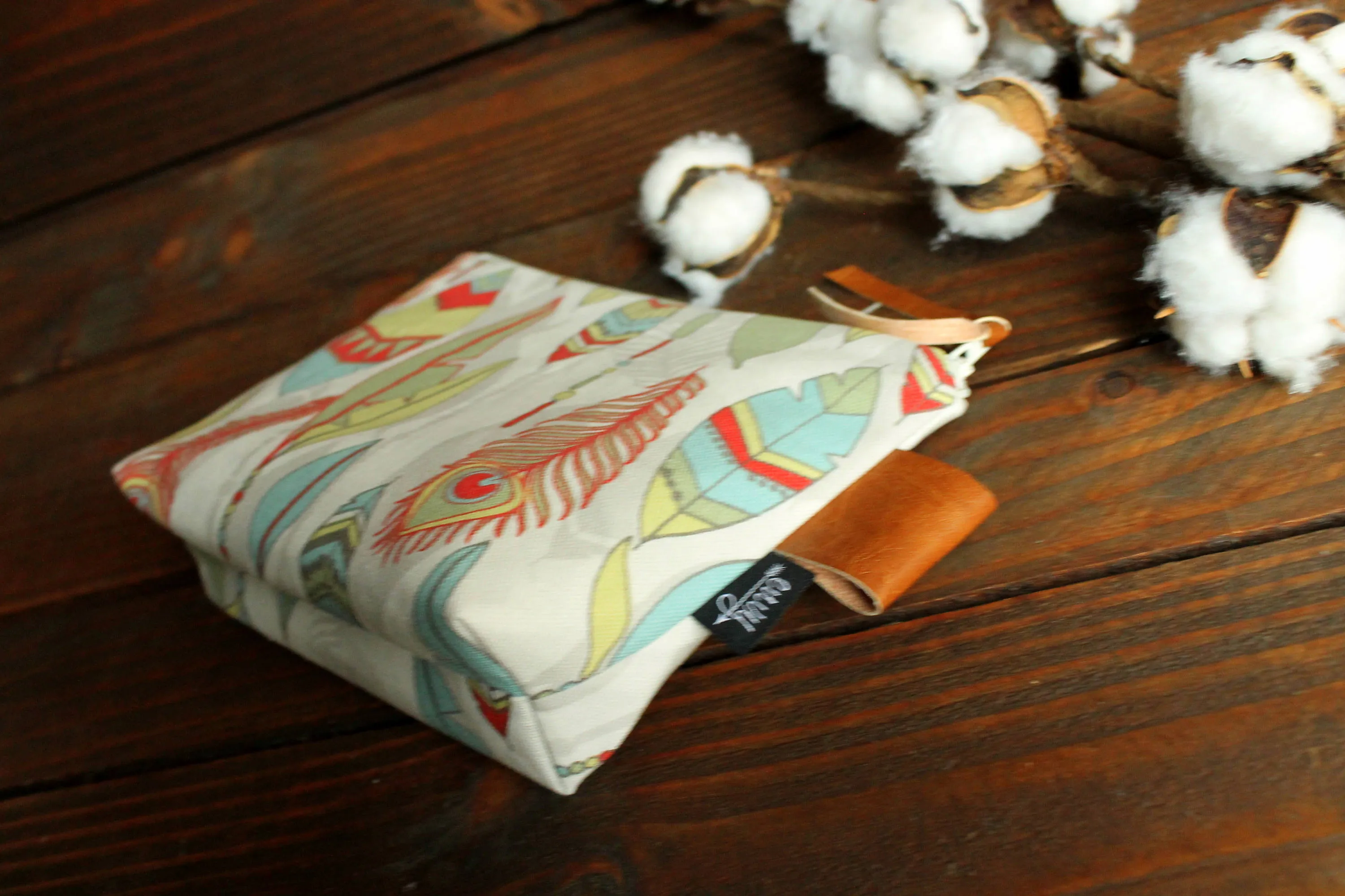 Feathers in Canyon with Vegan Leather - Diaper Bag Accessory - Cosmetic Bag - Make Up Bag - Bridesmaid Gift