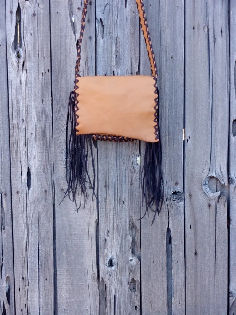 Leather crossbody handbag with fringe, leather boho purse