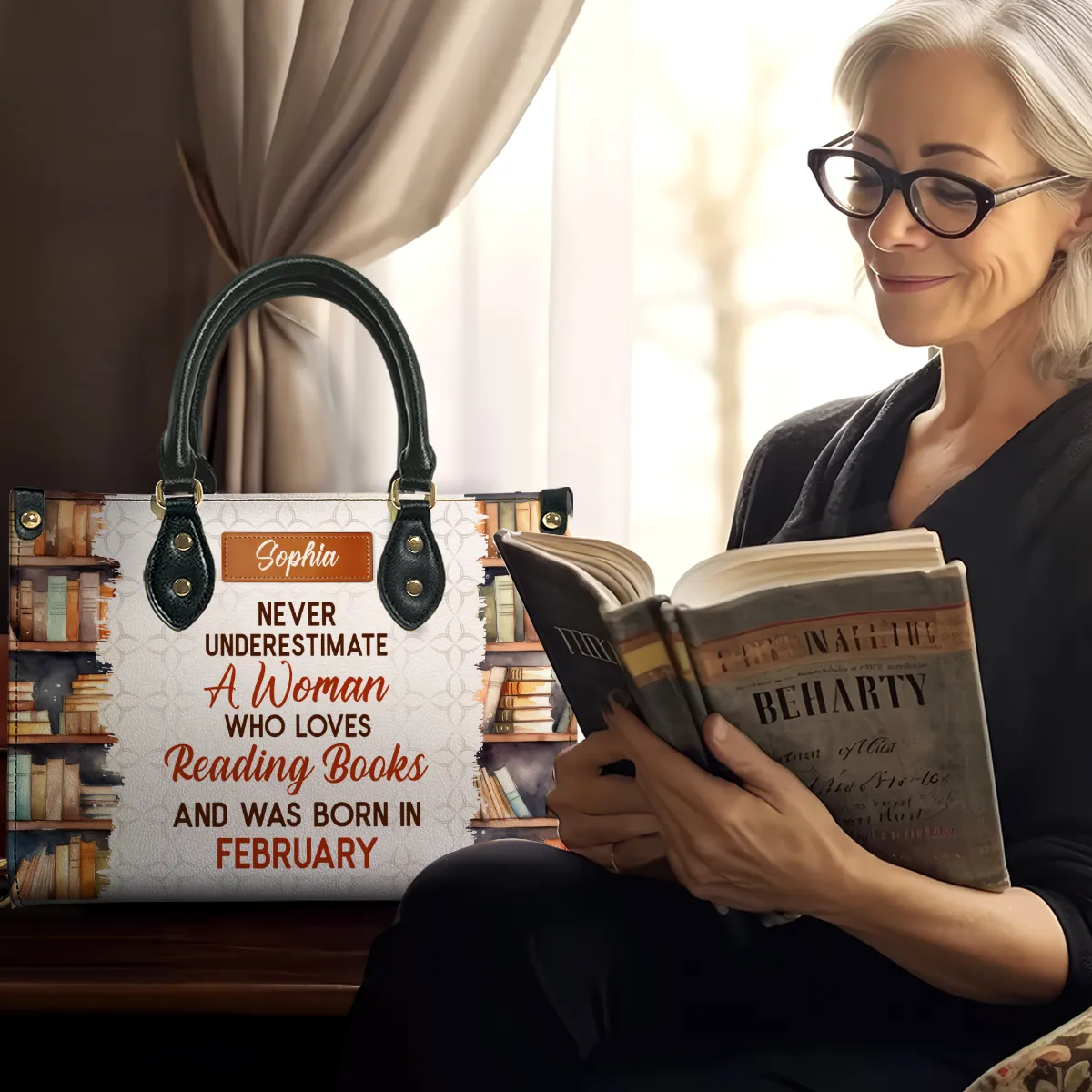 Never Underestimate A Woman Who Loves Reading Books Leather Handbag Book Lovers Gift LHB86