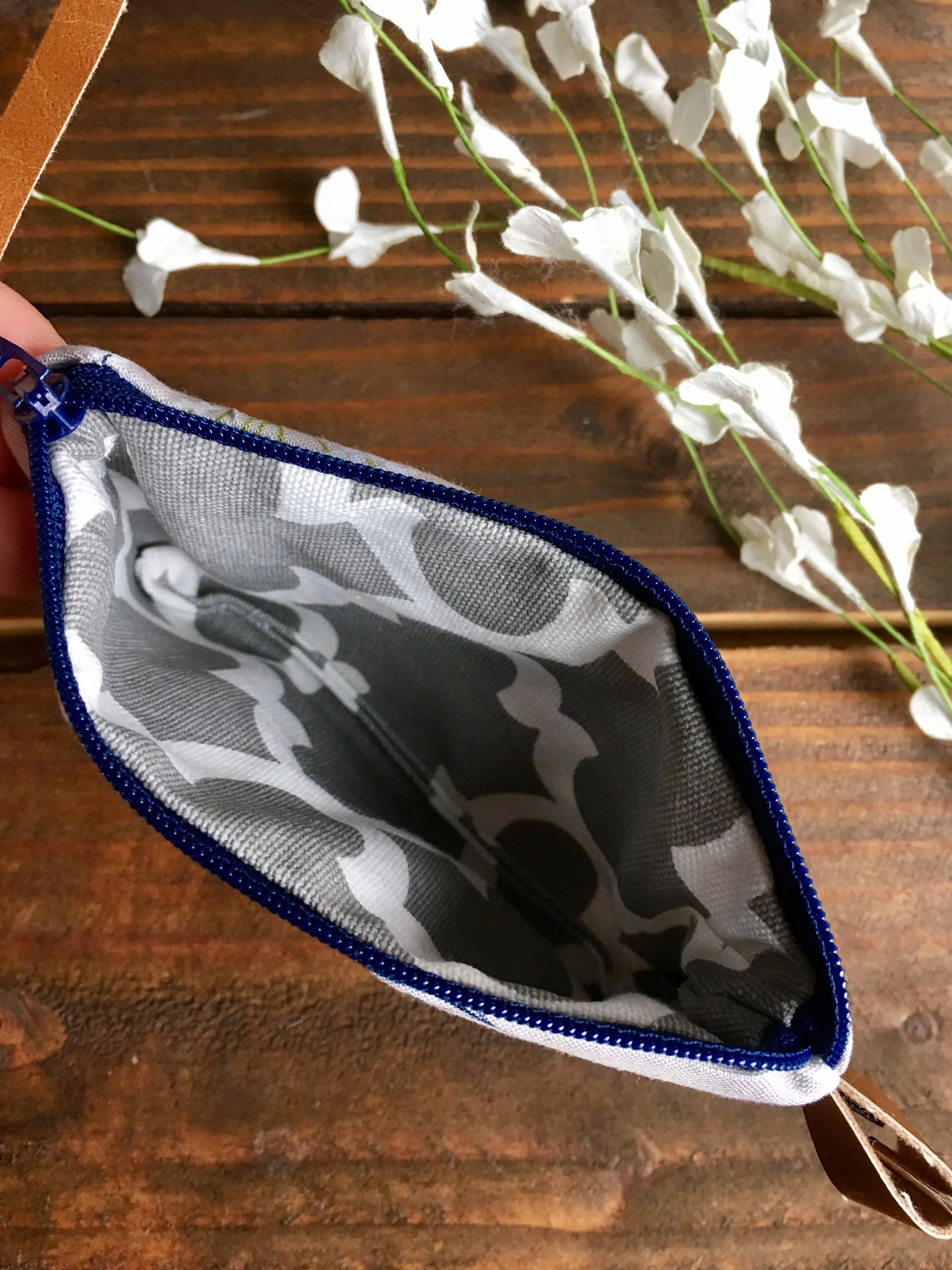 SALE - Pom Floral in Grey with Vegan Leather and Key Clip - Zippered Clutch /  Coin Pouch / Change Purse