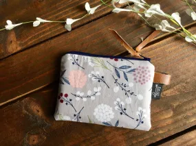 SALE - Pom Floral in Grey with Vegan Leather and Key Clip - Zippered Clutch /  Coin Pouch / Change Purse