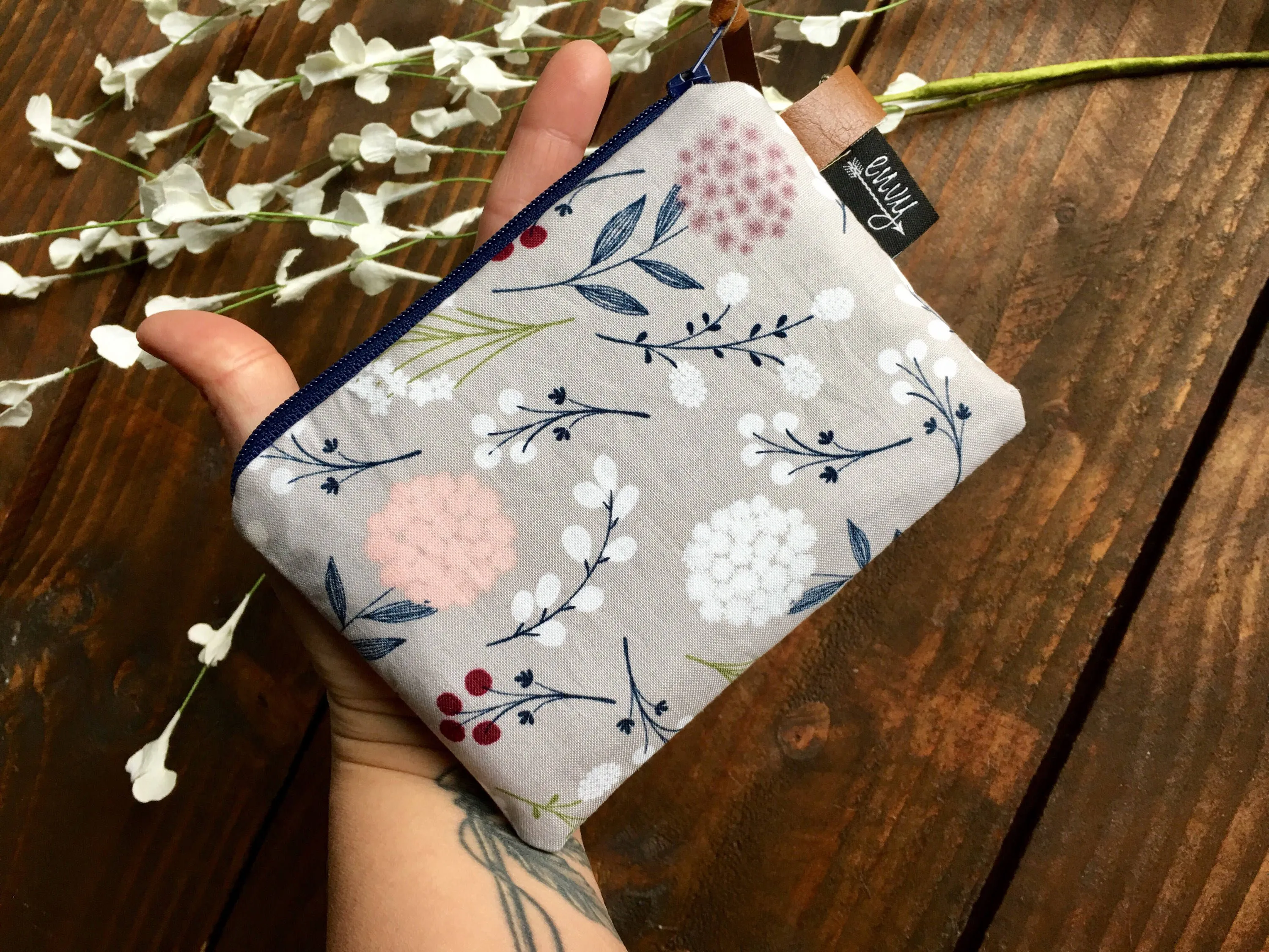 SALE - Pom Floral in Grey with Vegan Leather and Key Clip - Zippered Clutch /  Coin Pouch / Change Purse