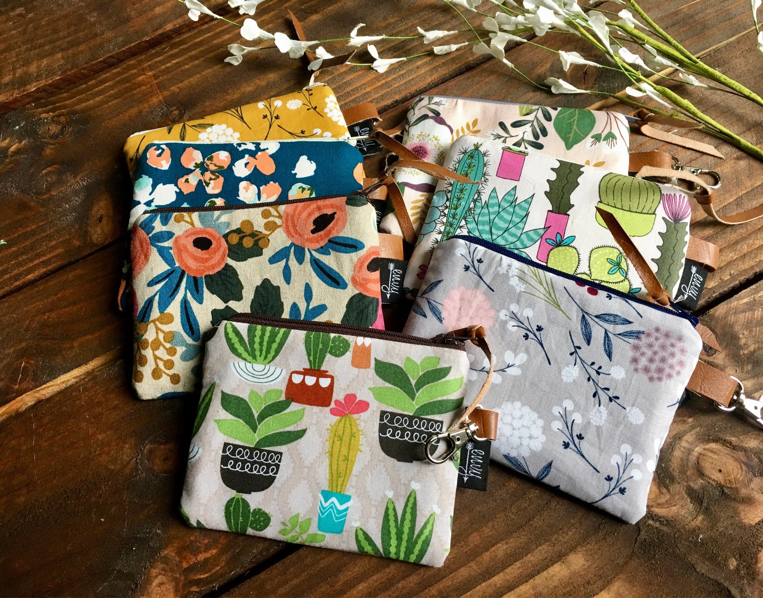 SALE - Pom Floral in Grey with Vegan Leather and Key Clip - Zippered Clutch /  Coin Pouch / Change Purse