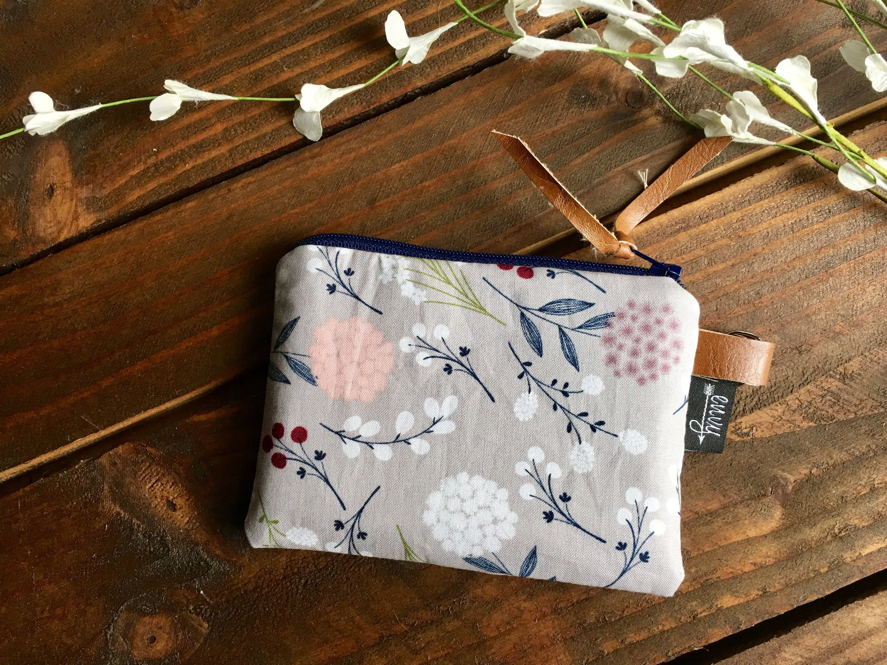 SALE - Pom Floral in Grey with Vegan Leather and Key Clip - Zippered Clutch /  Coin Pouch / Change Purse