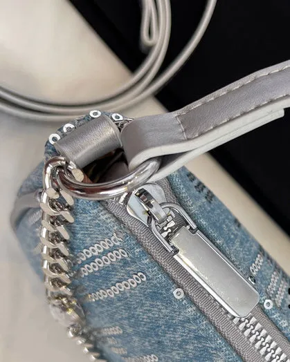 Sequined Denim Handle Underarm Shoulder Bag