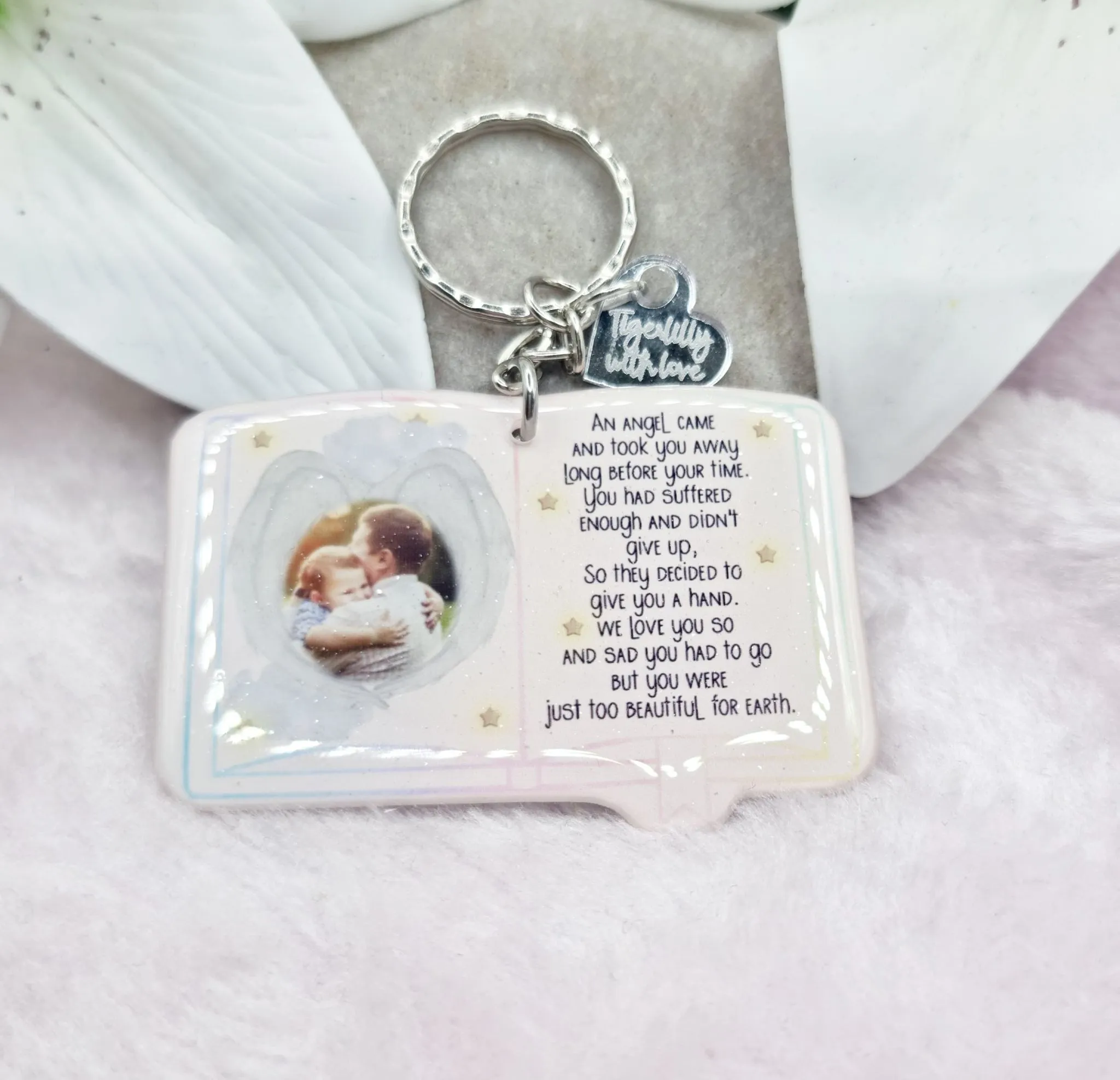 too beautiful for earth book personalised photo keyring, verse keyring, keepsake