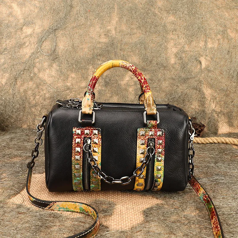 Unique Womens Crossbody Bag With Top Handle Black Leather Shoulder Bag