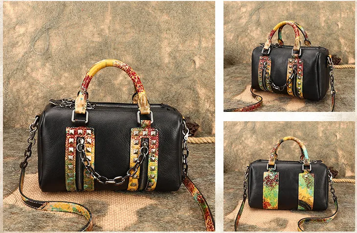 Unique Womens Crossbody Bag With Top Handle Black Leather Shoulder Bag