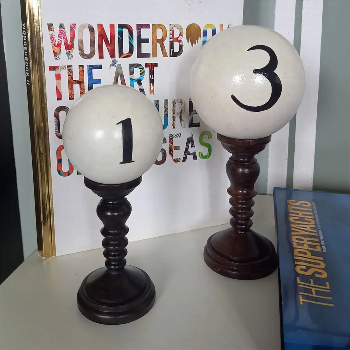 White Spheres On Pedestal - Handmade shelf sculptures in timber